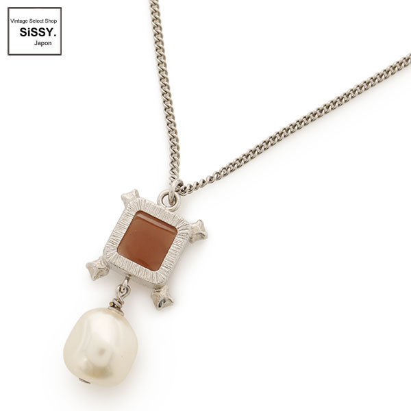 ■シャネル■ ロングネックレス フェイクパール ラインストーン レジン シルバー ホワイト ブラウン B14S 【CHANEL】