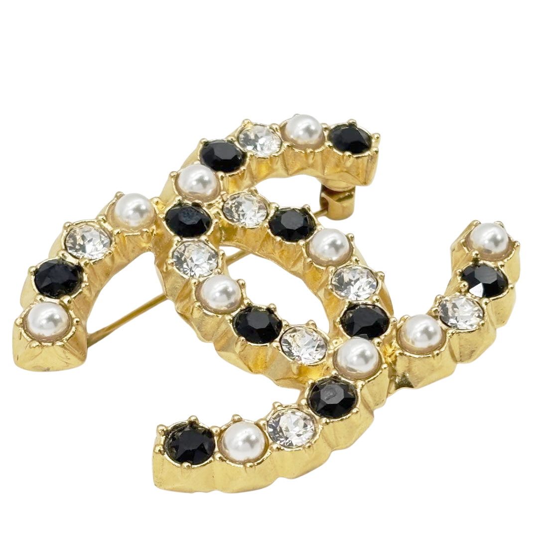 CHANEL シャネル ブローチ ココマーク フェイクパール ラインストーン A20K ゴールド