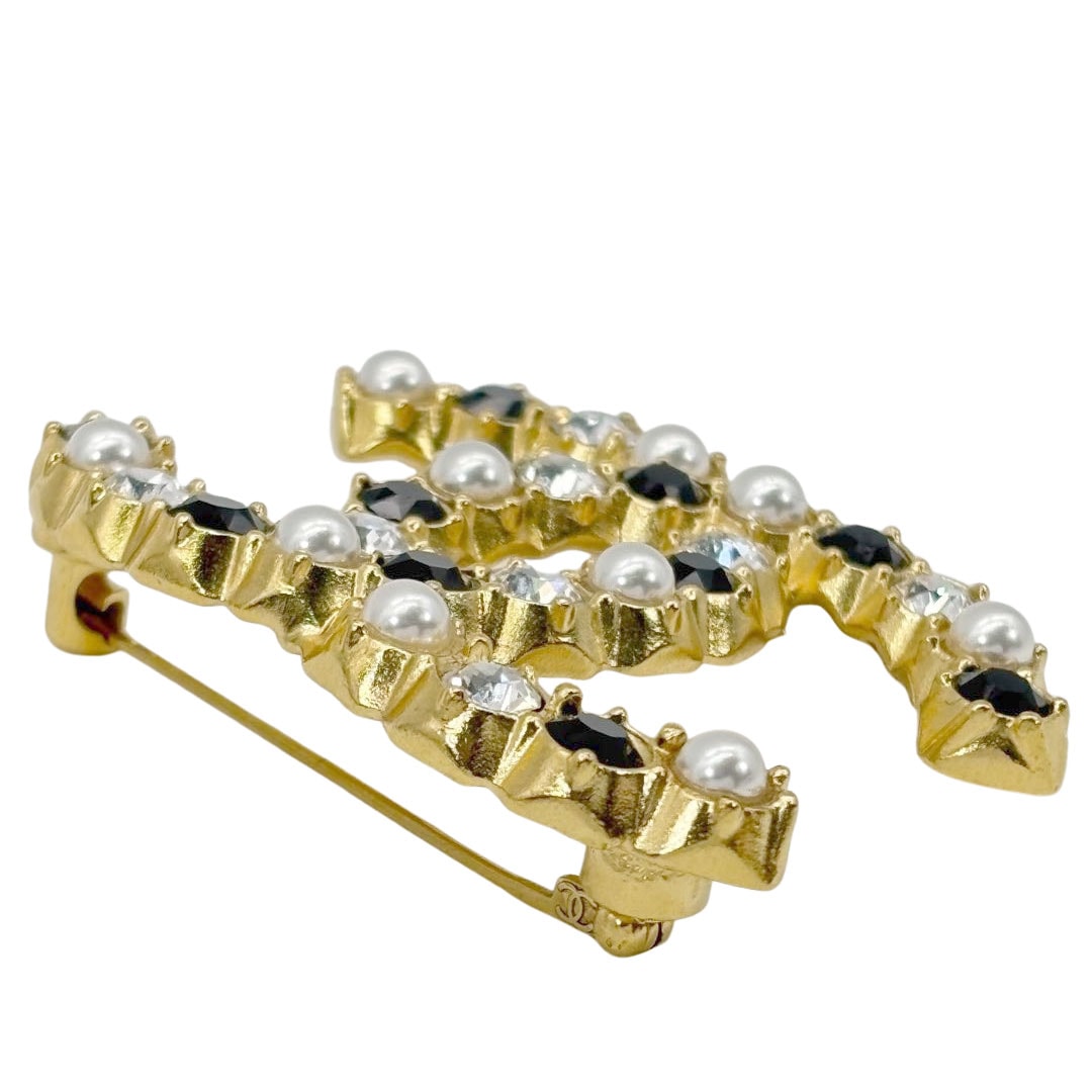 CHANEL シャネル ブローチ ココマーク フェイクパール ラインストーン A20K ゴールド