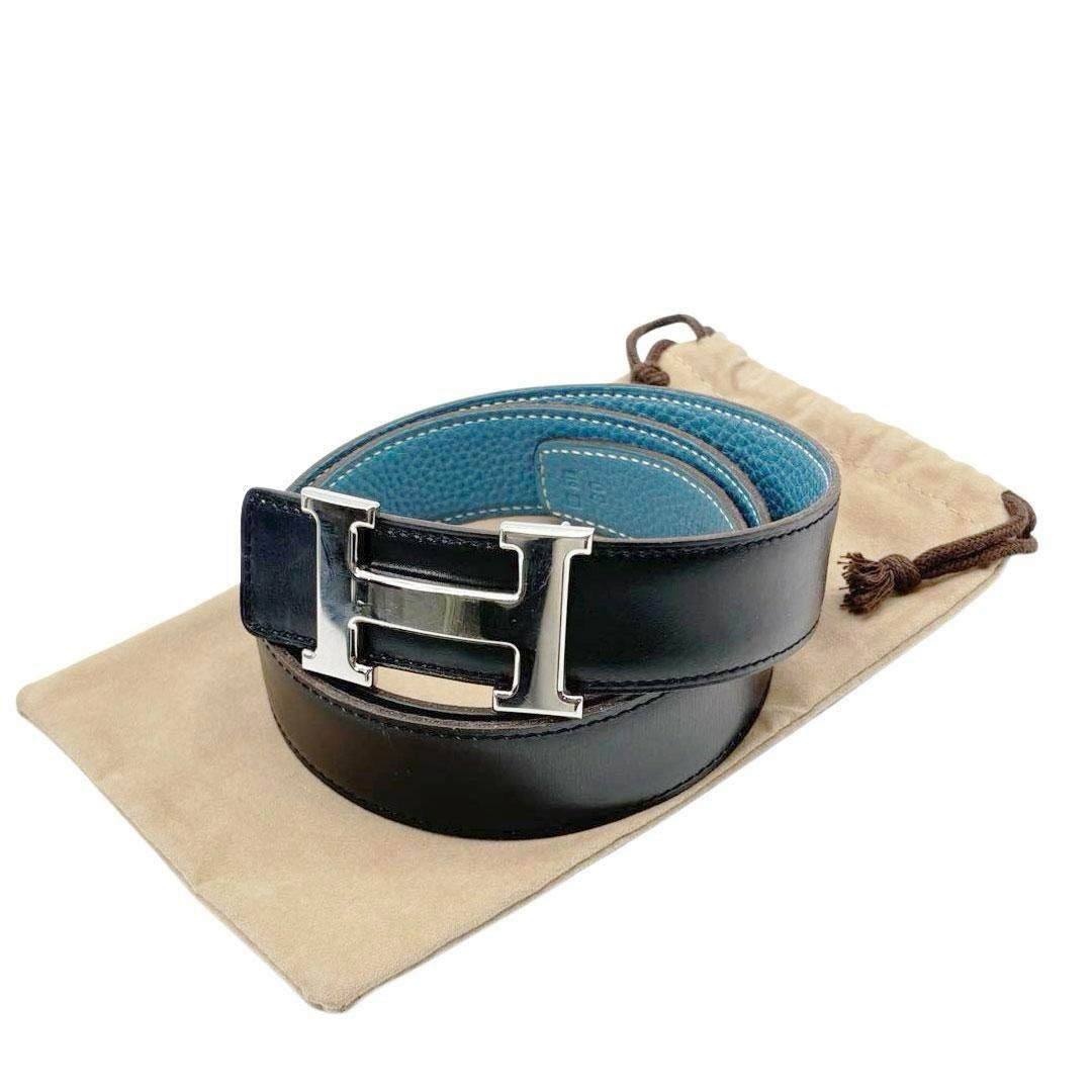 HERMES エルメス Hベルト コンスタンス 80 リバーシブル ボックスカーフ/トゴ ブラック/ブルージーン/シルバー金具 □H刻印