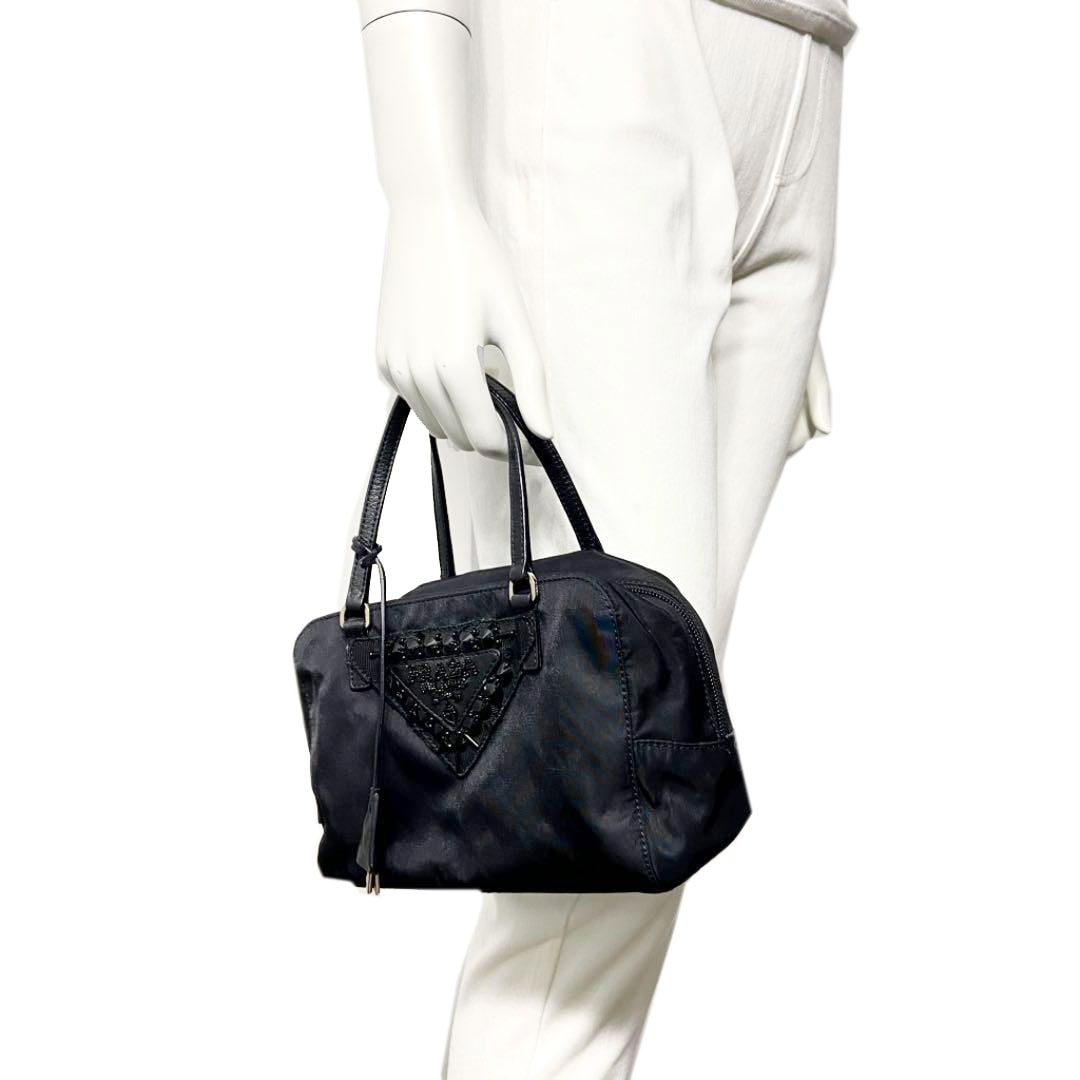 PRADAナイロン♪ビジュー ハンドバッグ2way♪ブラック PRADA プラダ ミニハンドバッグ ナイロン ビジュー ブラック