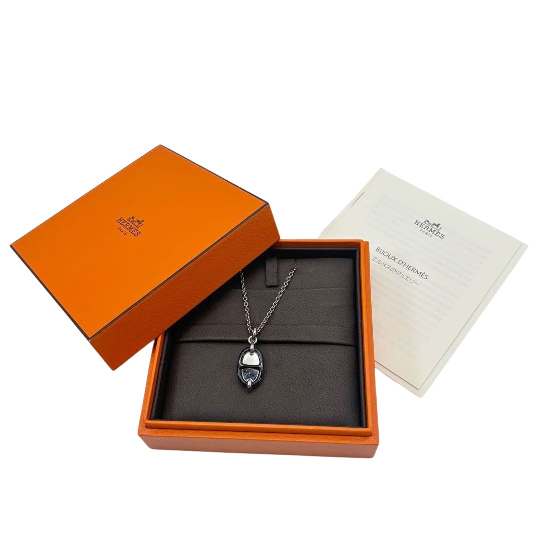 HERMES エルメス ネックレス ミニ・マイヨン PM ラッカーメタル ブラック/シルバー金具 シェーヌダンクル H100053FP03