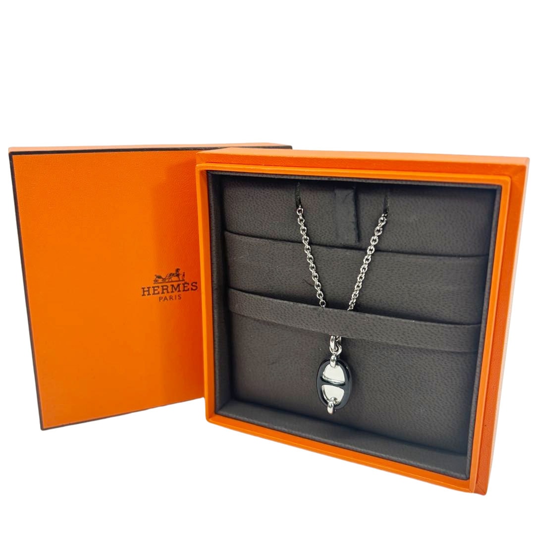 HERMES エルメス ネックレス ミニ・マイヨン PM ラッカーメタル ブラック/シルバー金具 シェーヌダンクル H100053FP03