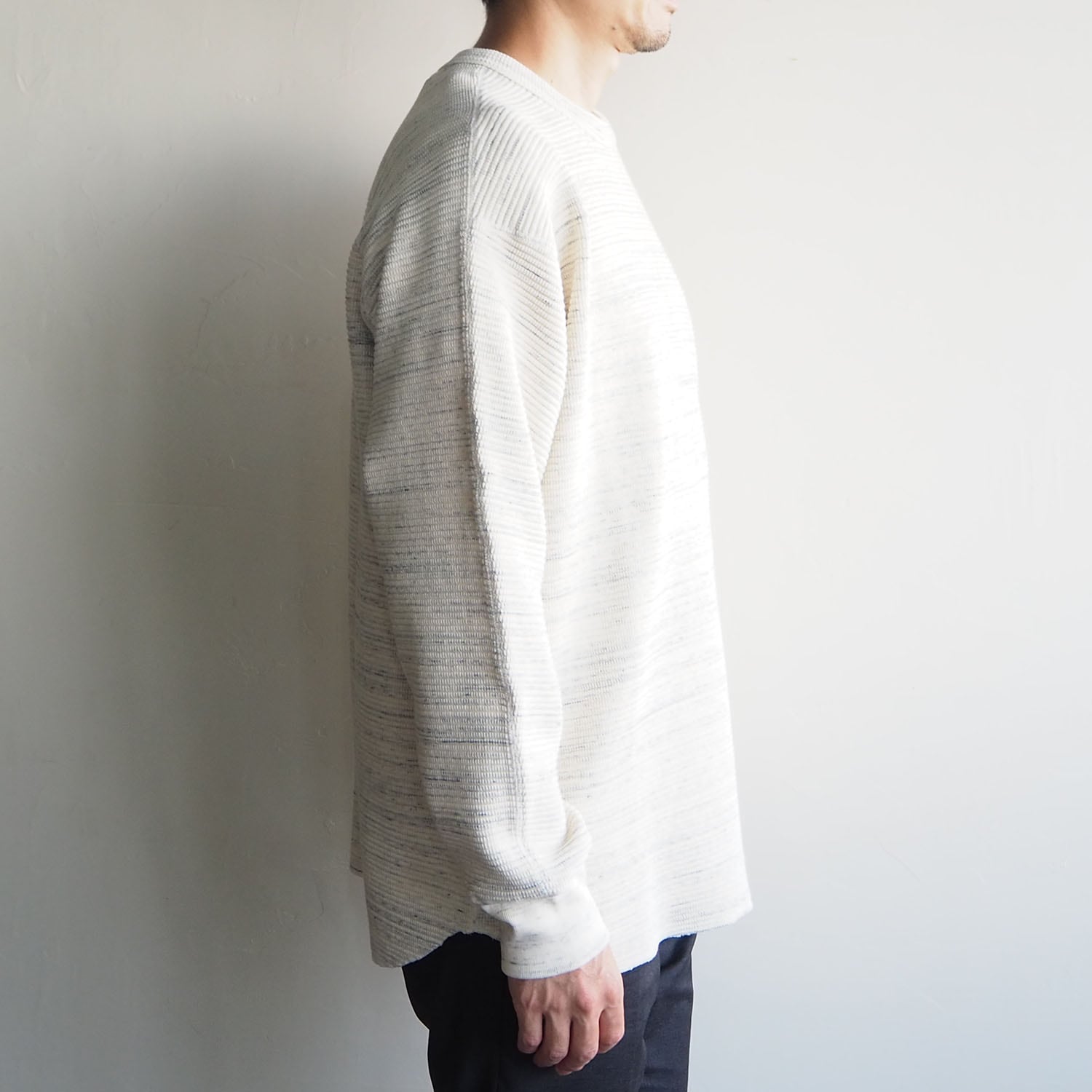KIIT キート STRETCH WAFFLE CREW NECK ストレッチワッフルカットソー ホワイト×トップグレー