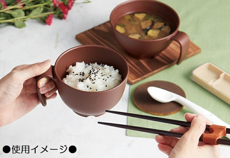 木目食器シリーズ】木目持ちやすい茶碗 ハンドル付[370ml]○ブラウン
