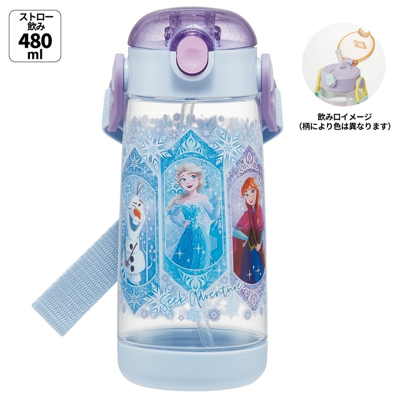 ワンプッシュ式ストロー水筒 プラスチック製 480ml アナと雪の女王25