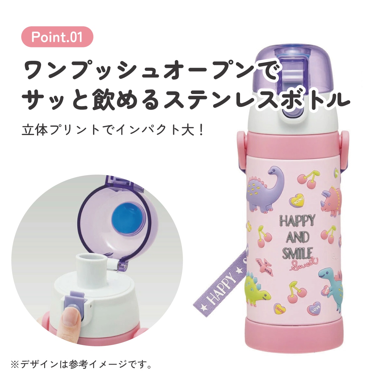 立体プリント 水筒 キッズ ワンタッチ 直飲み ステンレス 480ml