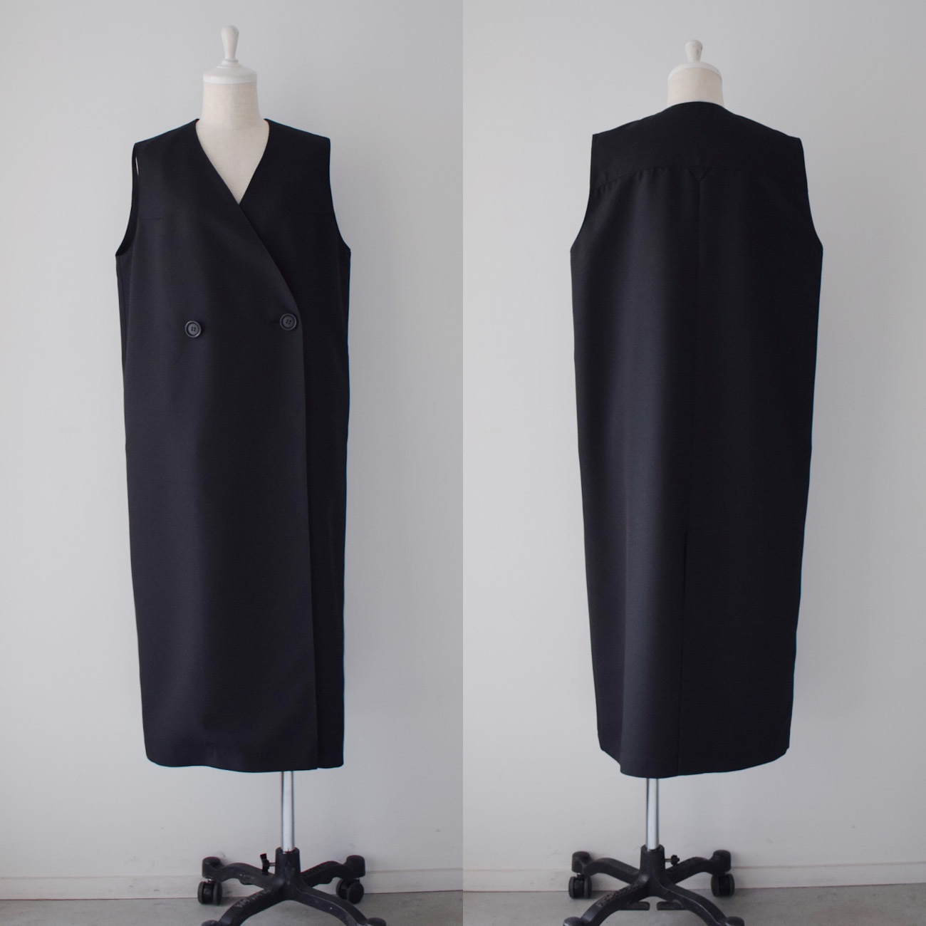 Vネックダブルブレストロングジレ：黒
