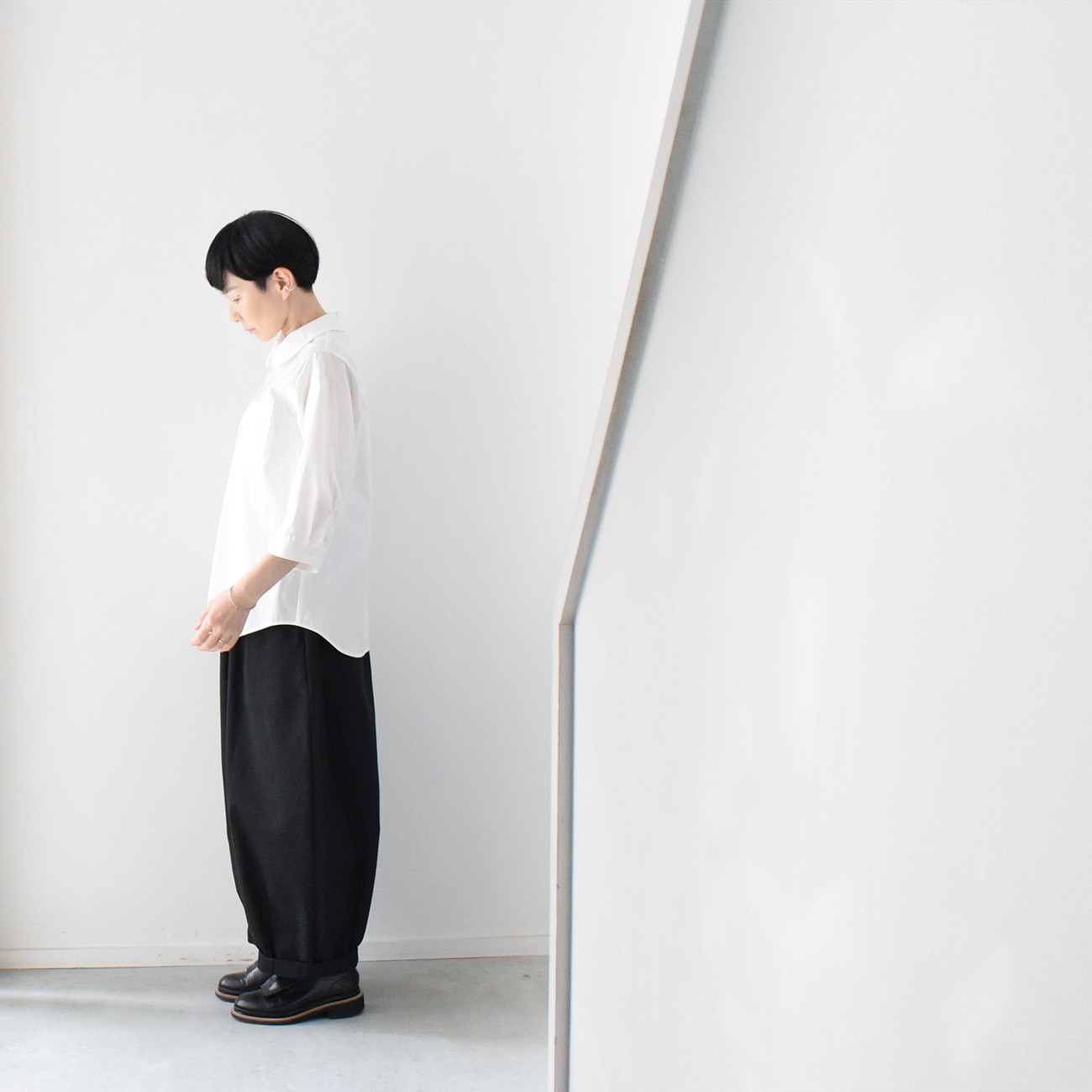 丸襟七分袖シャツブラウス:白