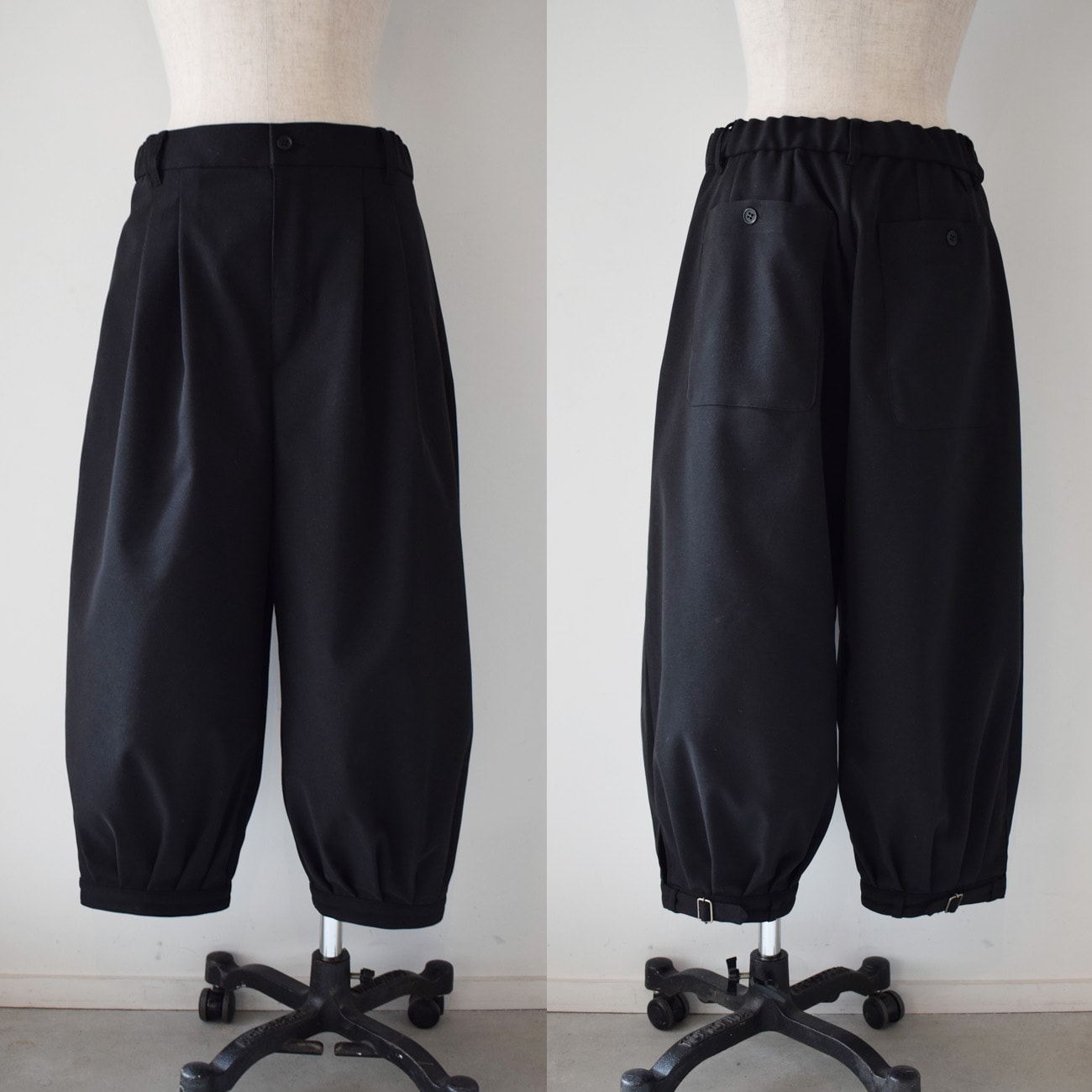 短め丈で裾ベルトのバルーンパンツ(やや厚手):黒