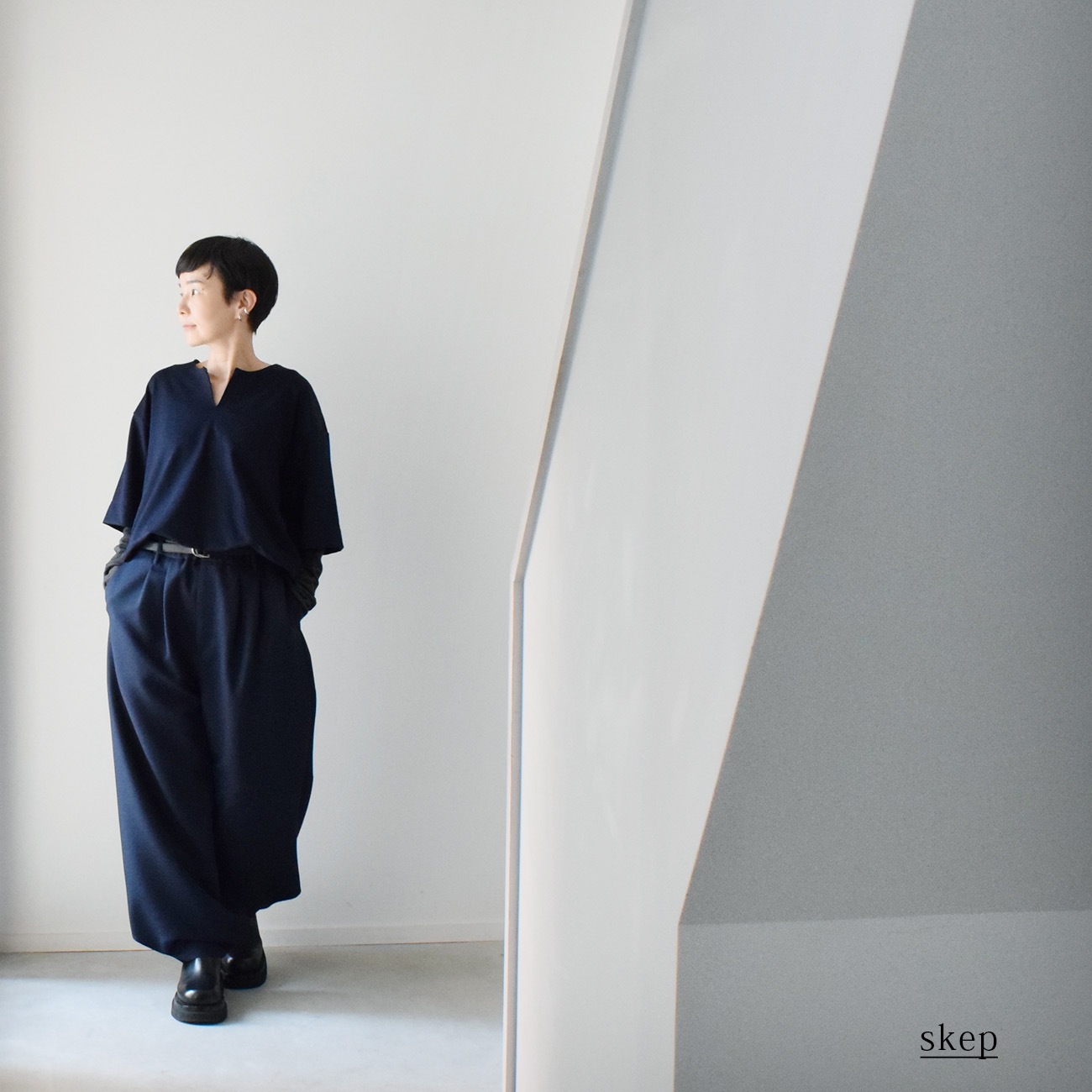 五分袖カットソー(ユニセックス):紺