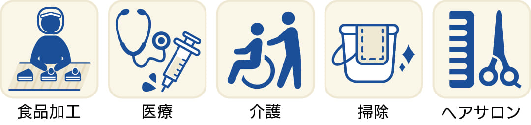 食品加工、医療、介護、掃除、ヘアサロン