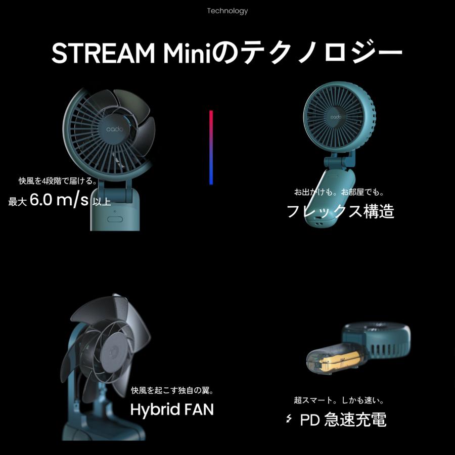 cado ハンディファン STREAM Mini PD急速充電 4段階調整 小型 携帯扇風機 ポータブル 冷却力