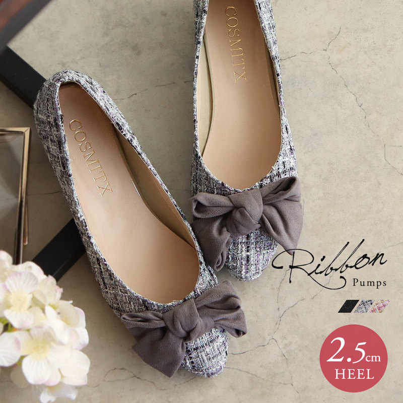 パンプス レディース 痛くない リボン 黒 太ヒール アーモンドトゥ ローヒール おしゃれ 春 夏 秋 冬 大人 結婚式 入学式 チェック ブラック ピンク グレー 1301