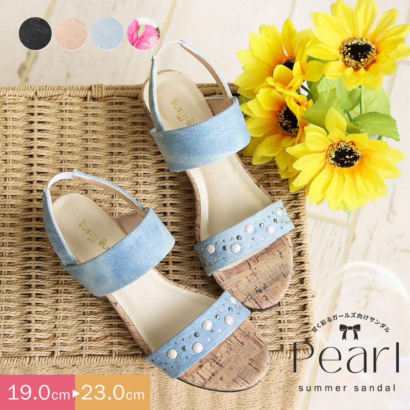 サンダル キッズ 女の子 ウェッジソール ジュニア ストラップサンダル 3.5cmヒール オープントゥ バックストラップ 子供靴 ブラック 黒 ブルー ピンク 花柄 5126