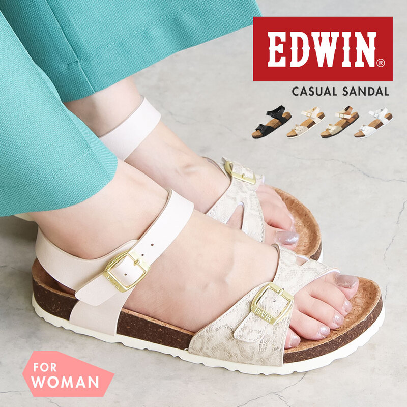 エドウィン コンフォートサンダル レディース 靴 アンクルストラップ バックストラップ フットベッド 黒 白 ブラック アイボリー マルチブラウン ホワイト 9464