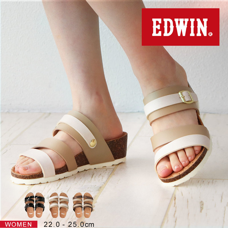 エドウィン コンフォートサンダル レディース アーチサポート ヒール4cm 疲れにくい レジャー アウトドア 天然コルク 黒 ブラック ベージュ ブラウン 6012