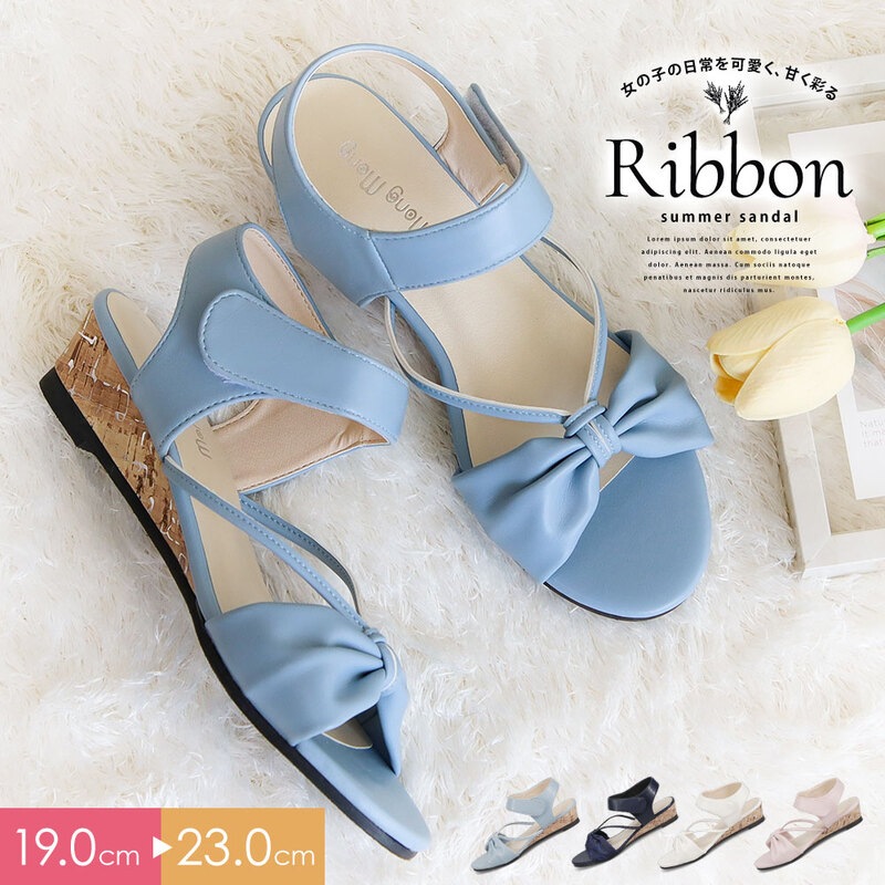 サンダル キッズ 女の子 子供 ウェッジソール ジュニア 可愛い お洒落 リボン レース ストラップ 子供靴 ブルー ピンク デニム 5132
