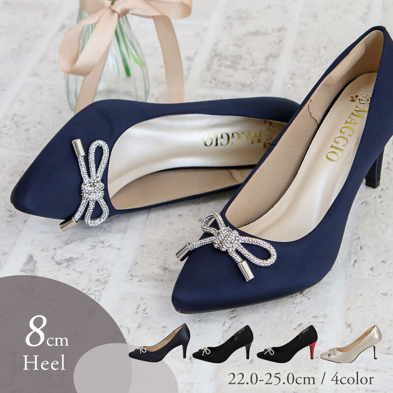 パンプス 黒 ポインテッドトゥ 8cmヒール 結婚式 パーティー 卒業式 入学式 ママコーデ フォーマル 靴 リボン 8128
