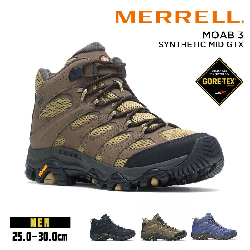 メレル モアブ3 ハイキングシューズ メンズ 防水 通気性 防滑 ミッドカット 登山靴 靴 シューズ ブラウン MERRELL MOAB 3 SYNTHETIC MID GTX