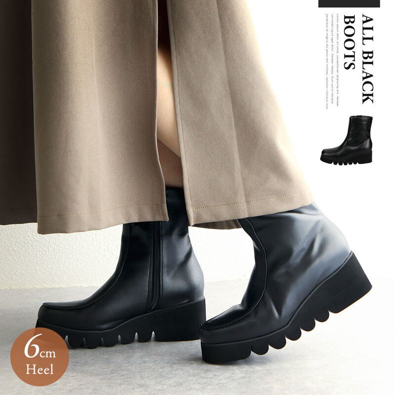 ショートブーツ レディース 歩きやすい ブーツ 美脚 黒 厚底 ウェッジソール 6cm ヒール スクエアトゥ カジュアル 柔らかい ブラック 6047