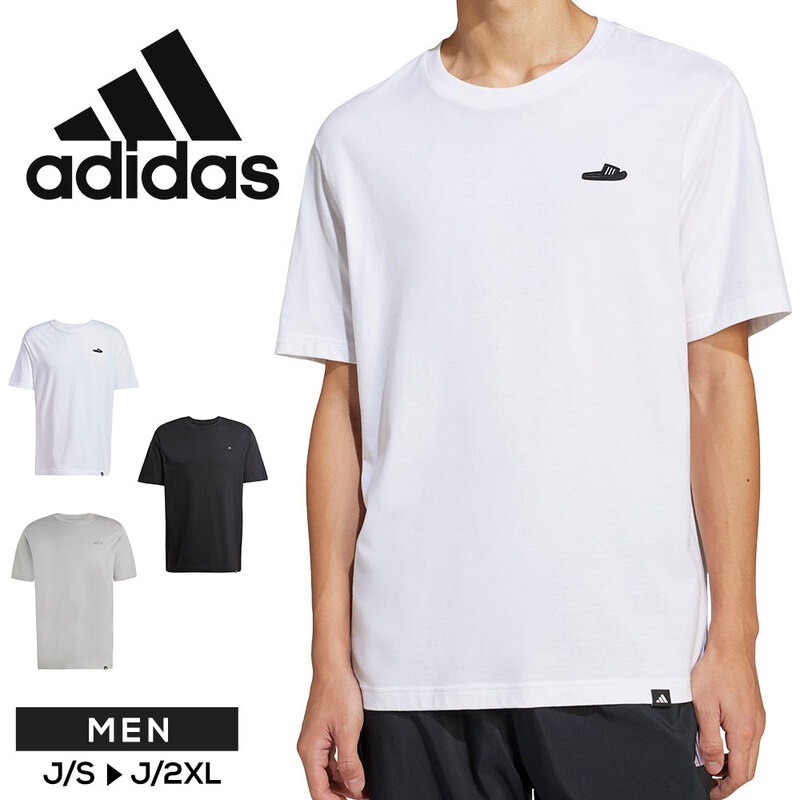 アディダス 半袖tシャツ メンズ クルーネック 綿100% ラウンジ サンダルグラフィック ブラック ホワイト 白 グレー adidas KPJ77