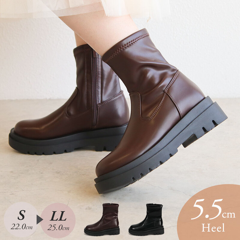 ショートブーツ レディース 歩きやすい サイドジップ 軽量 歩きやすい 美脚 カジュアル シンプル 黒 ブラック ブラウン スムース ストレッチ 5206