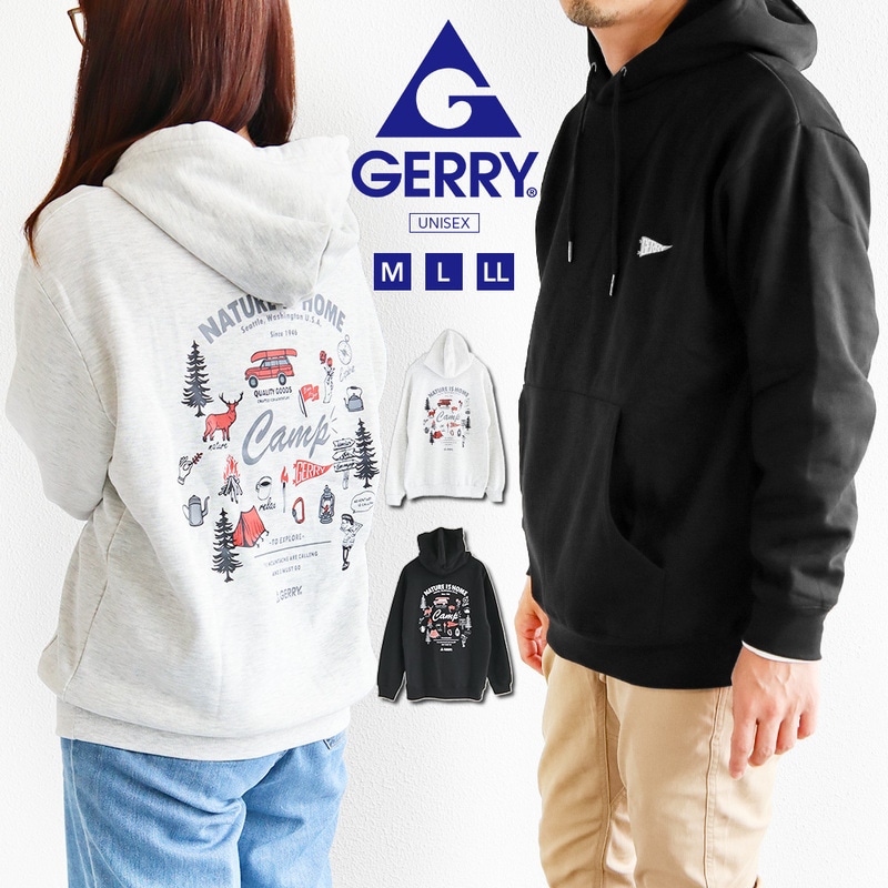 gerry パーカー フーディー 長袖 ロゴ 裏起毛 刺繍 大人 プリント フーデットパーカー スウェット カジュアル 黒 ブラック グレー ジェリー