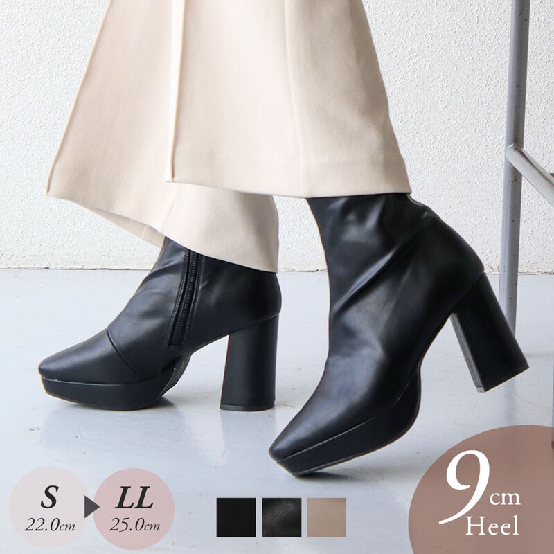 ショートブーツ レディース ストレッチ 太ヒール 9cm スムース スエード 厚底 安定感 サイドファスナー シンプル おしゃれ 秋冬 6114