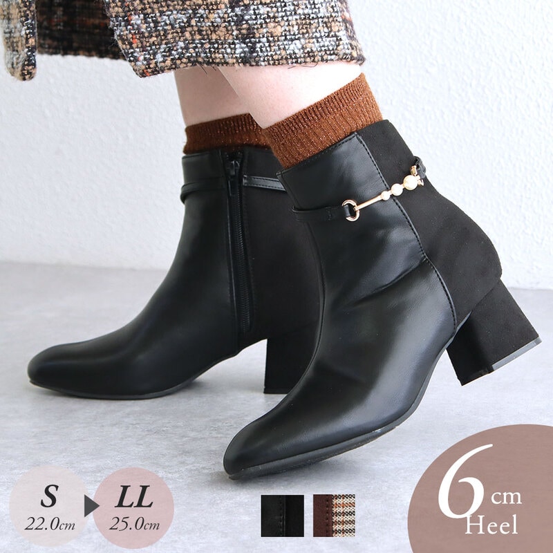 ショートブーツ レディース 6cmブロックヒール 歩きやすい パールバックル 異素材コンビ  美脚 痛くない きれいめ 秋冬 ファッション コーデ 6110