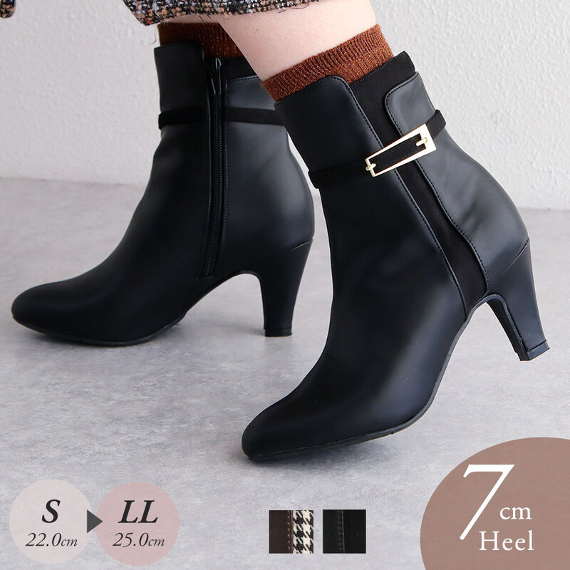 ショートブーツ レディース 7cm ヒール 美脚 千鳥格子 ゴールドバックル 大人 上品 歩きやすい 細見え 脚長効果 きれいめ 秋冬 6112