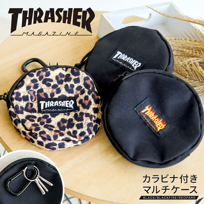 THRASHER  コイン ケース 丸型 キーフック カラビナ ミニ ポーチ ポケット 付き ファスナー コンパクト ウォレット 小銭入れ 財布 小物 THR-017 スラッシャー