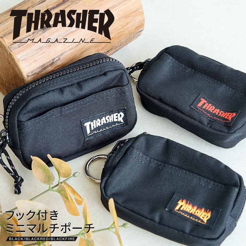 THRASHER  ポーチ ケース フック 小さめ ミニ ポケット 付き ファスナー コンパクト ウォレット カード コイン 小銭入れ 財布 小物 THR-018 スラッシャー