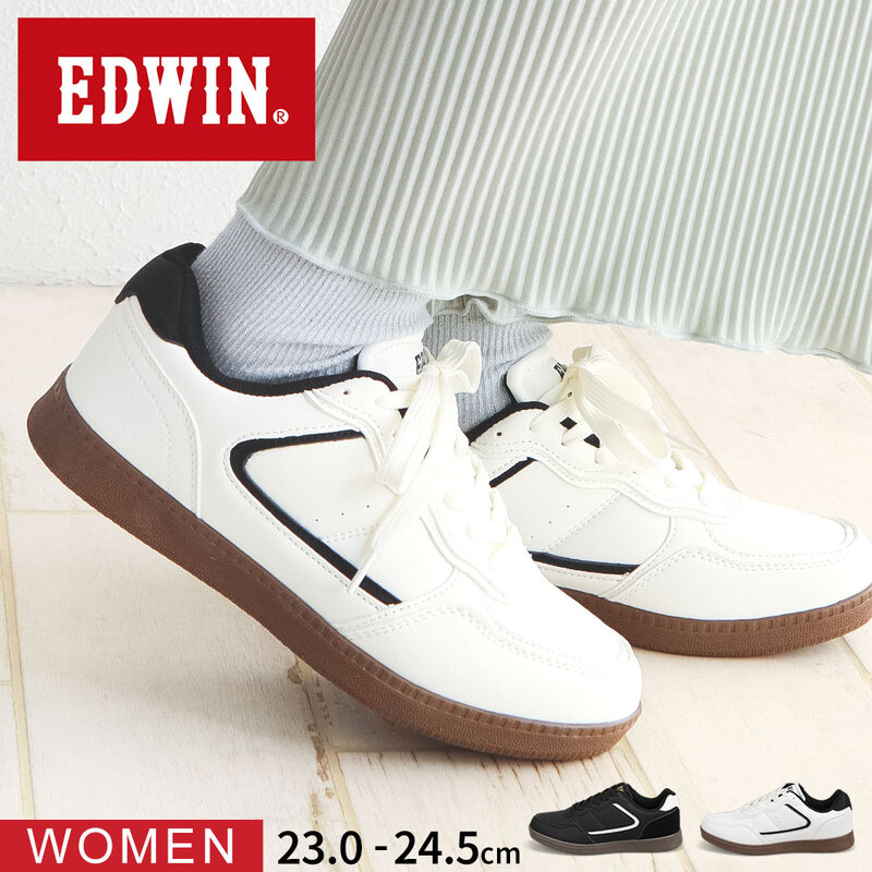 EDWIN エドウィン スニーカー レディース 黒 ローカット 軽い 通勤 靴 シンプル カジュアル シューズ ブラック アイボリー EDW-4381