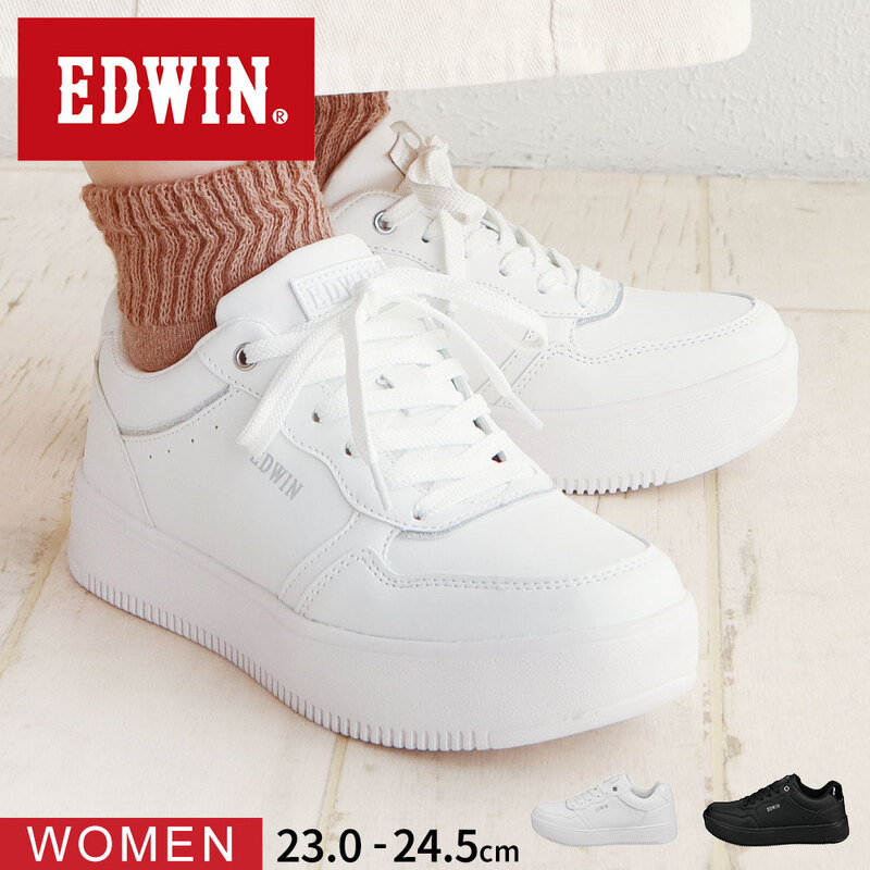 EDWIN エドウィン スニーカー レディース 黒 ローカット シンプル カジュアル 厚底 紐靴 シューズ 白 ホワイト ブラック EDW-4378