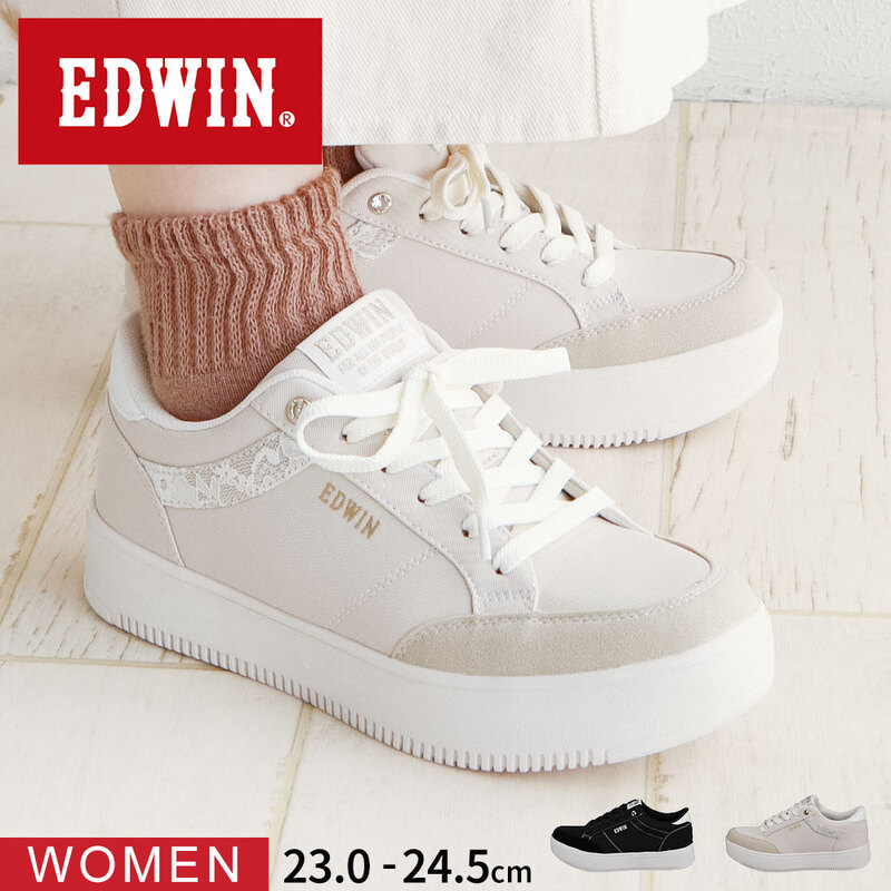 EDWIN エドウィン スニーカー レディース 黒 ローカット 軽い 軽量 紐靴 シューズ 厚底 カジュアル ブラック アイボリー EDW-4380