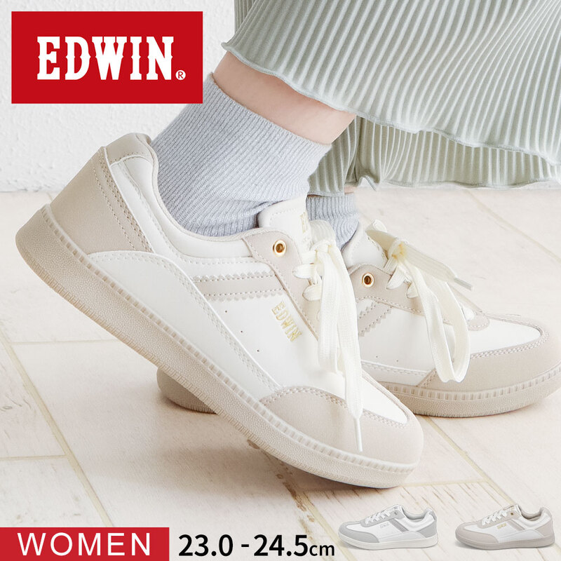 EDWIN エドウィン スニーカー レディース 白 ローカット クッション 靴 シンプル シューズ カジュアル ホワイト アイボリー EDW-4382