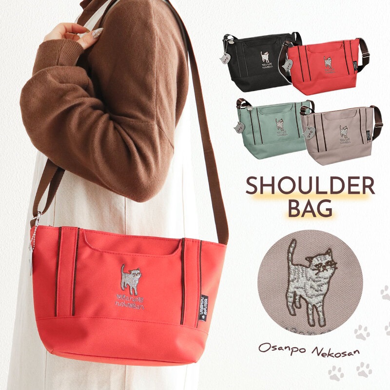 ショルダーバッグ レディース 斜めがけ 大人 軽量 小さめ 軽い マチ広  猫 ネコ バッグ 鞄 かばん 黒 ブラック レッド ミント グレージュ