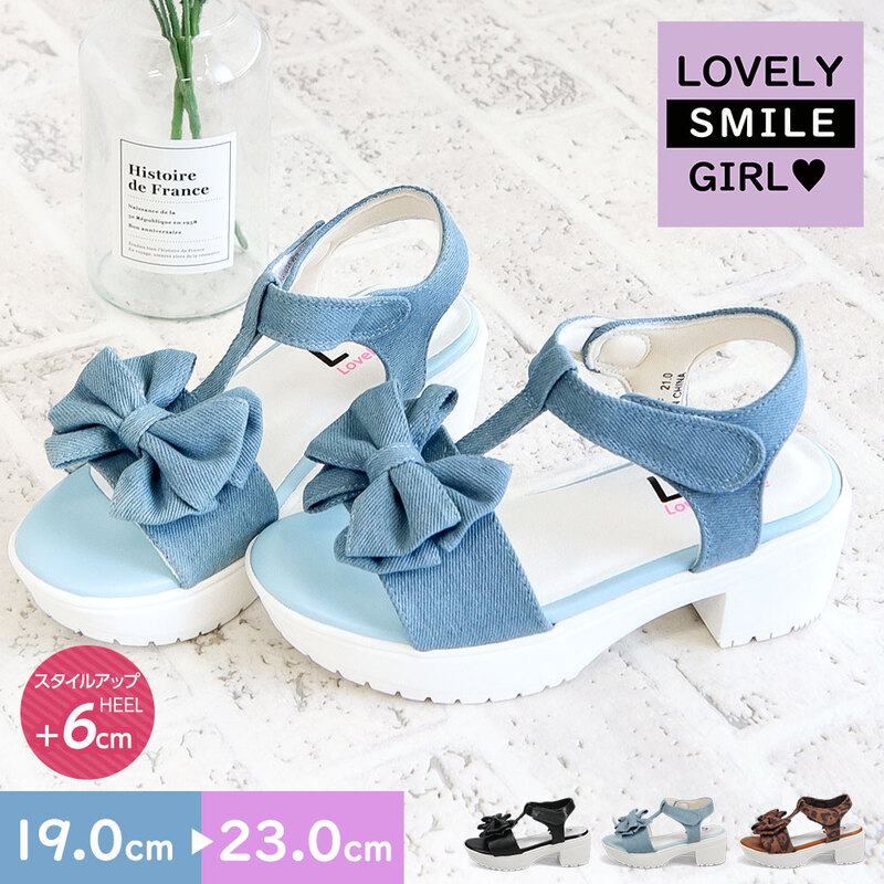 サンダル キッズ 女の子 子供靴 厚底 ストラップ リボン ジュニア おしゃれ かわいい 黒 ブラック デニム ブルー レオパード ヒョウ柄 6018