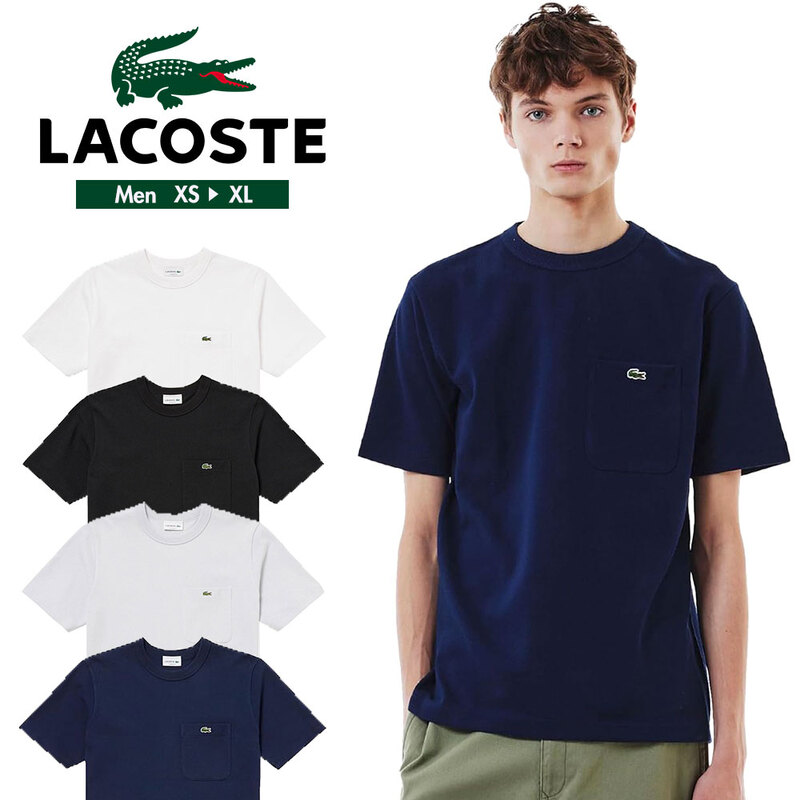 ラコステ Tシャツ メンズ 白 黒 半袖 クルーネック 胸ポケット コットン グレー LACOSTE 鹿の子地ポケット半袖Tシャツ TH492199