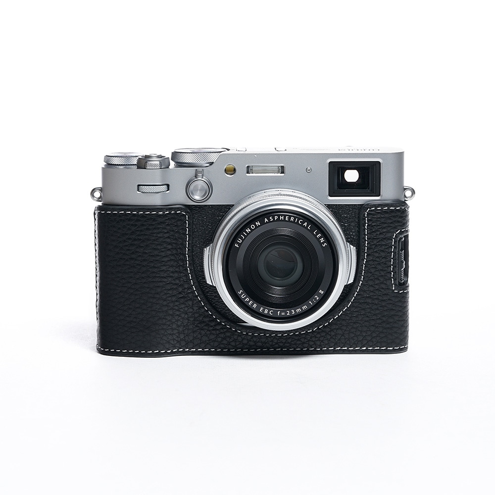 TP Original FUJIFILM X100VI用 ボディーハーフケース ブラック（ホワイトステッチ）
