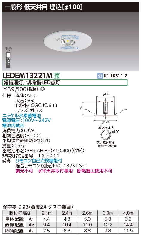 非常用照明器具　LEDEM13821M 2台 東芝ライテック 東芝ライテック LEDEM13821M 低天井用直付LED