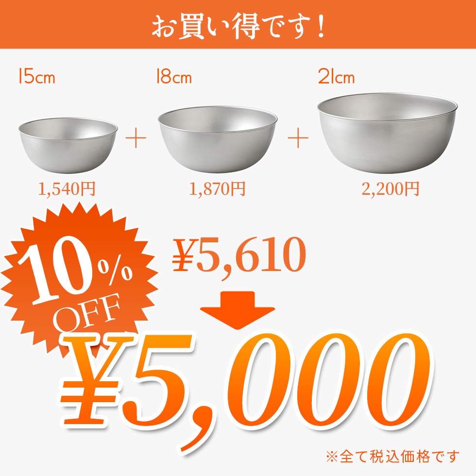【3点セット】逸品物創 ステンレスボウル 15cm,18cm,21cm