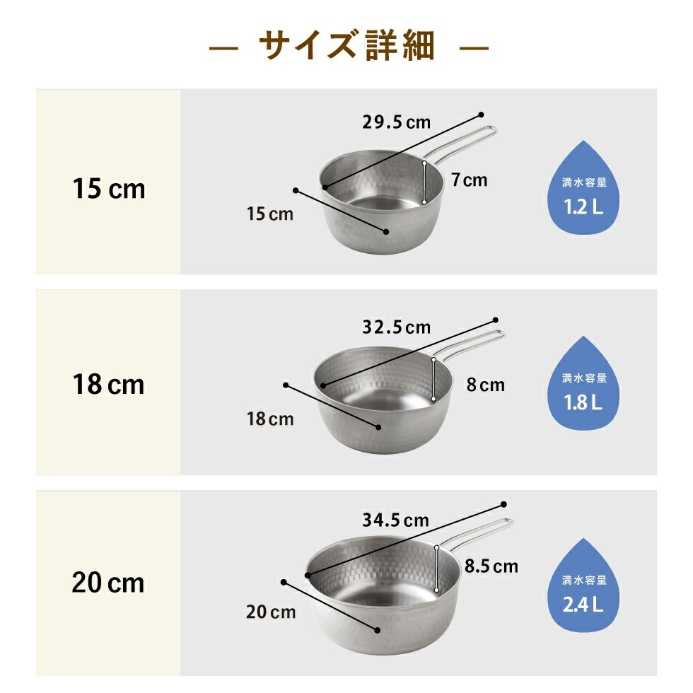 雪平鍋2点セット・3点セット(15cm・18cmセット、15cm・18cm・20cmセット)