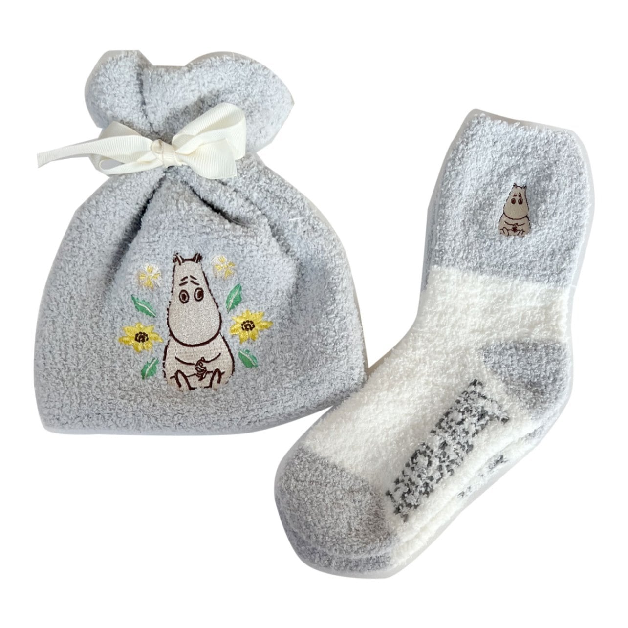 MOOMIN ムーミン もこもこ靴下 in 巾着／ムーミン　ライトグレー