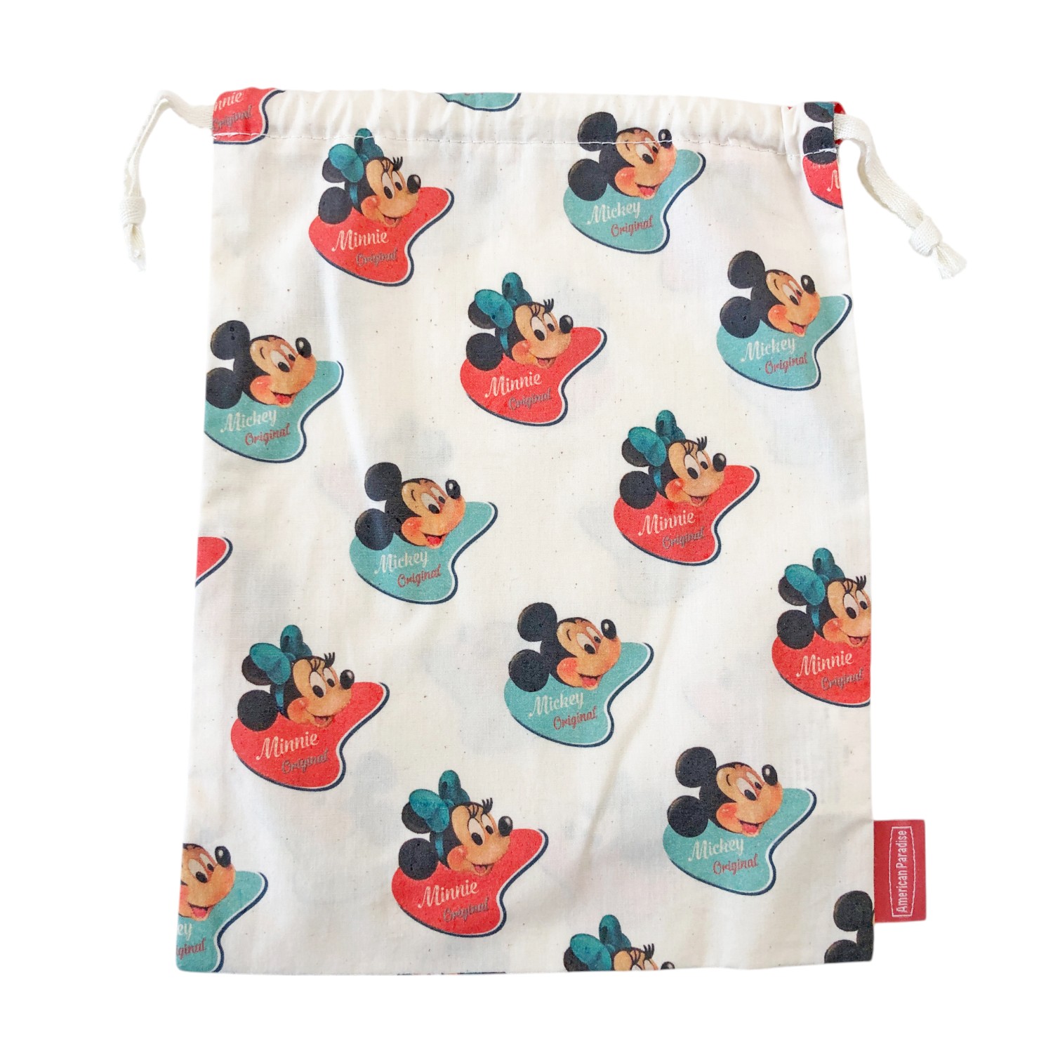 [公式] Disney American Paradise 巾着Lサイズ ミッキー＆ミニー バッジ パターン