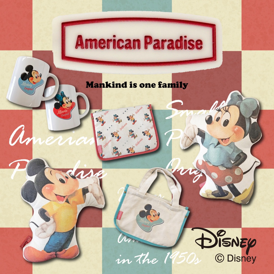 [公式] Disney American Paradise 巾着Lサイズ ミッキー＆ミニー バッジ パターン