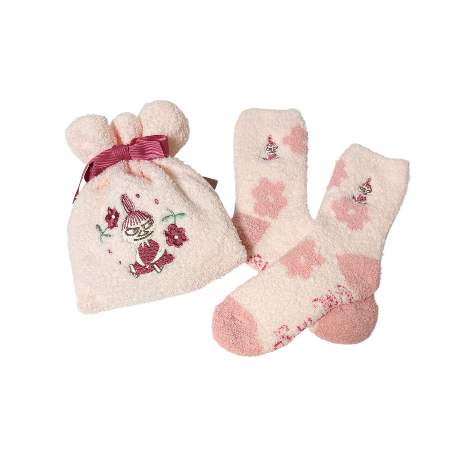 [公式] メーカー直営 ムーミン もこもこ靴下 in 巾着 リトルミイ フラワー ピンク