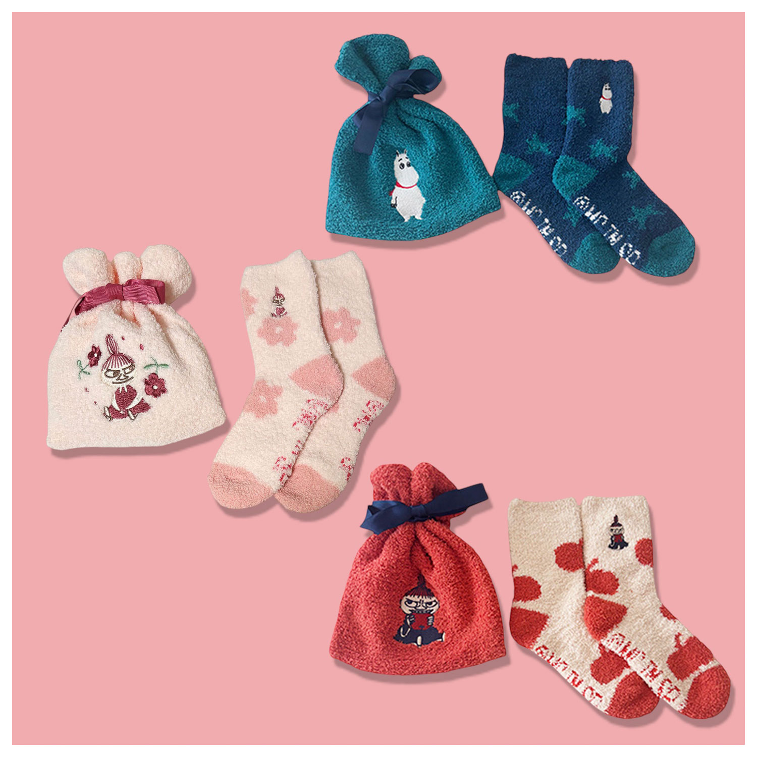 [公式] メーカー直営 ムーミン もこもこ靴下 in 巾着 リトルミイ フラワー ピンク