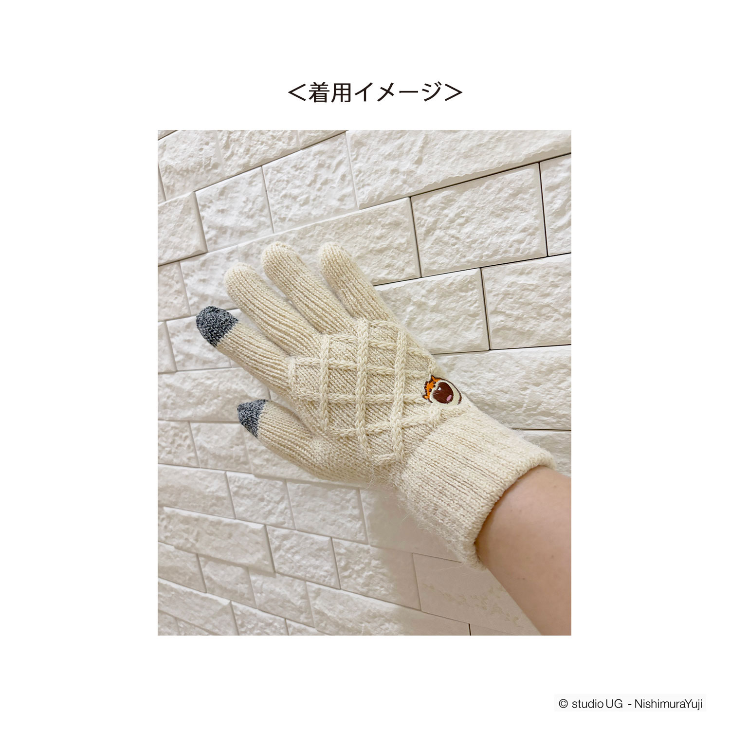 [公式] スタジオUG（にしむらゆうじ）ワンポイント刺繍 スマホ対応ケーブル編み手袋 こねずみ フェイス